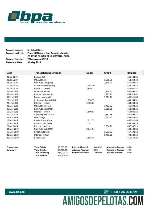 Cuba Banco Popular De Ahorro (BPA) extrato bancário amostra